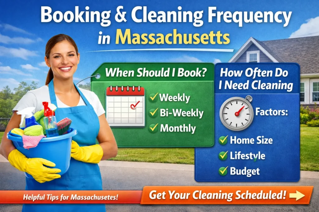 Booking and cleaning frequency guide in Massachusetts showing when to schedule weekly, bi weekly, or monthly house cleaning