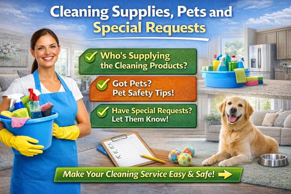 House cleaning supplies, pets, and special requests guide showing pet safety tips and custom cleaning options