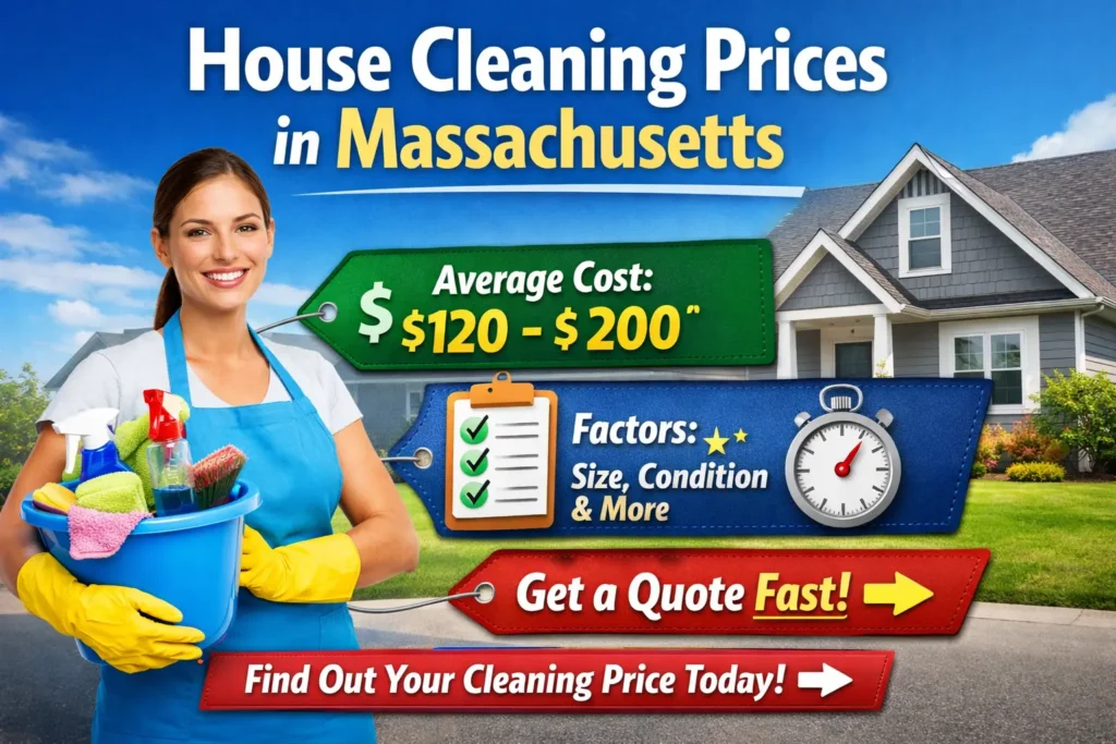 House cleaning prices in Massachusetts showing average cost, cleaning factors, and fast quote call to action