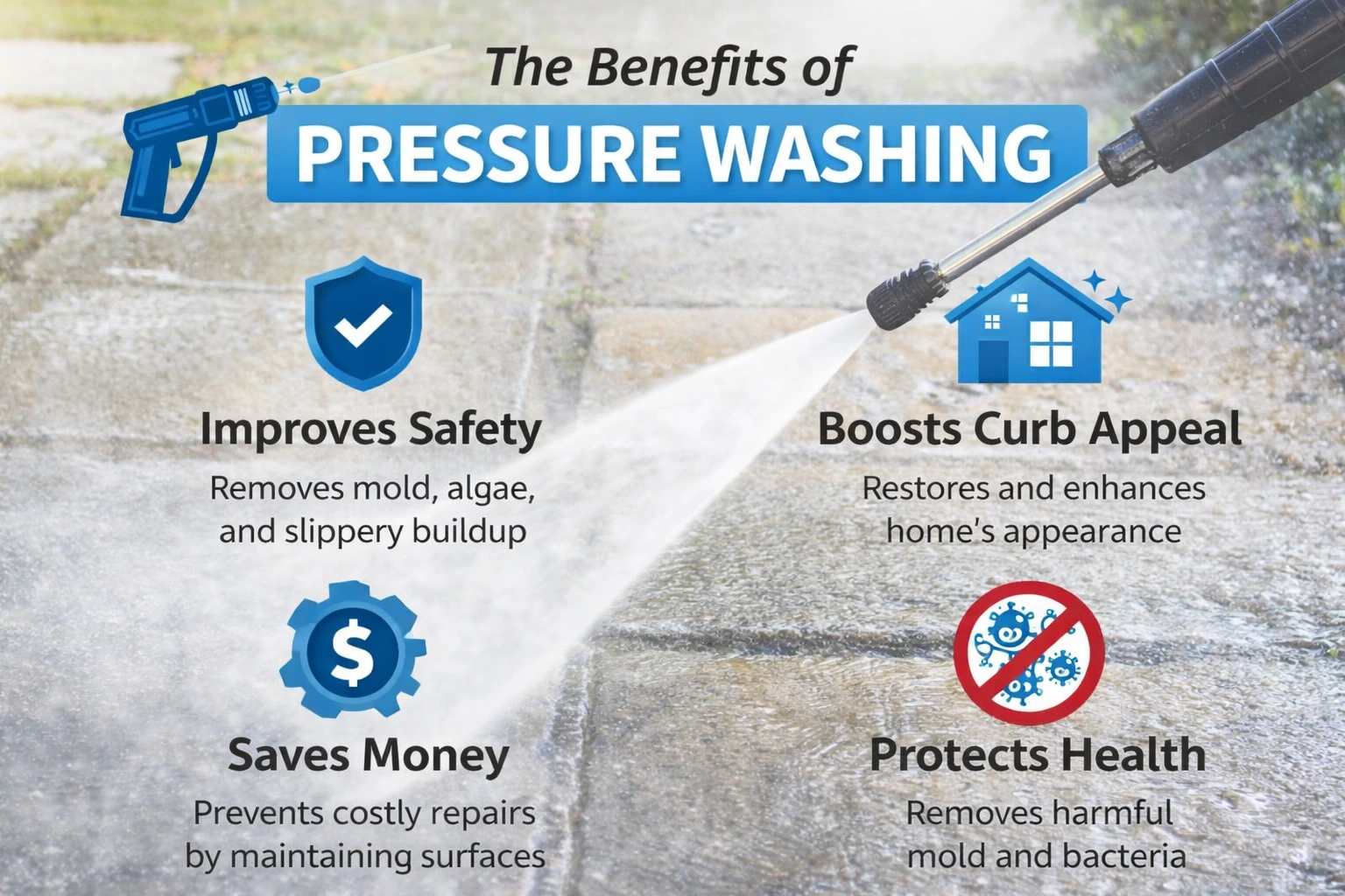 Infographic showing the benefits of pressure washing, including improved safety, curb appeal, cost savings, and healthier home surfaces