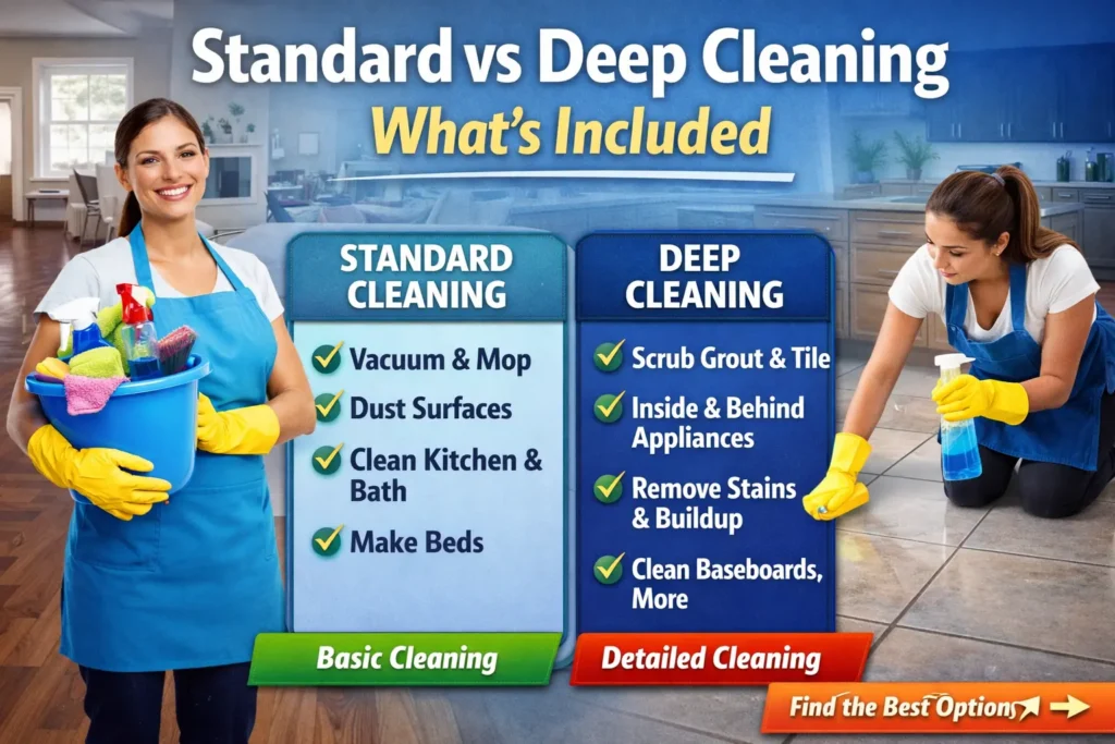 Standard vs deep cleaning comparison showing what is included in each house cleaning service